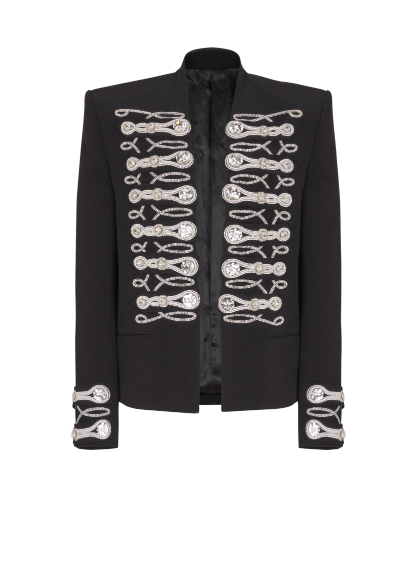 Crepe spencer jacket with embroidered frogging