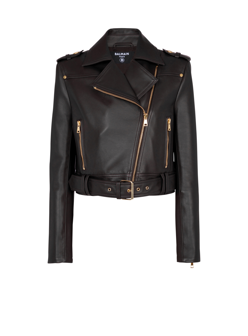 Short leather biker jacket