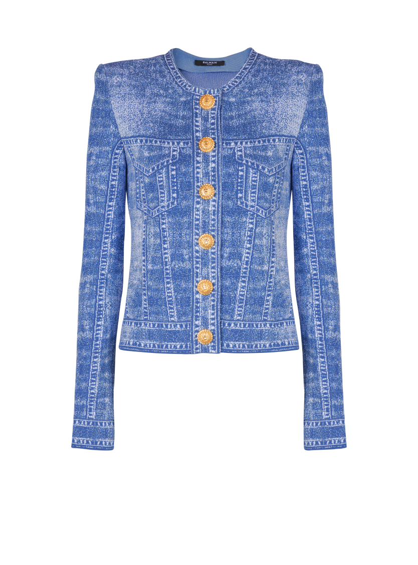 Jacquard knit cardigan with denim effect