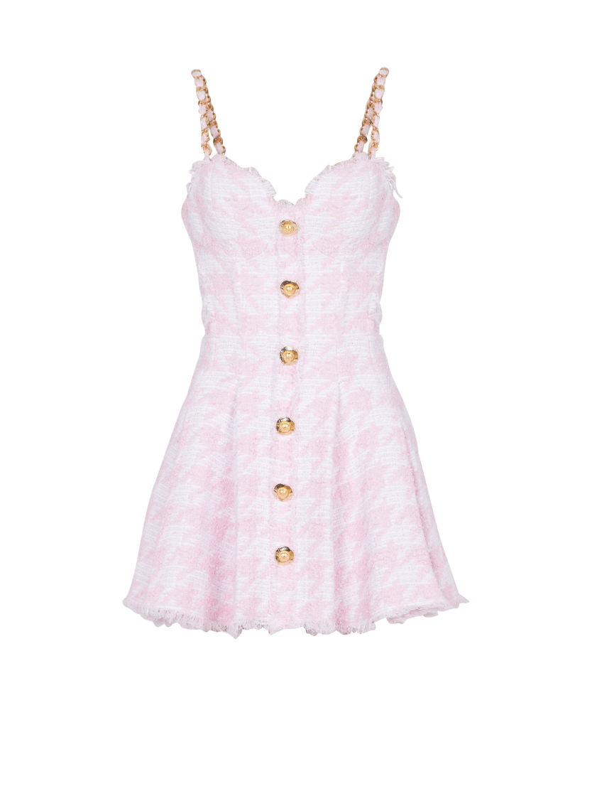 Strappy houndstooth tweed A-line dress