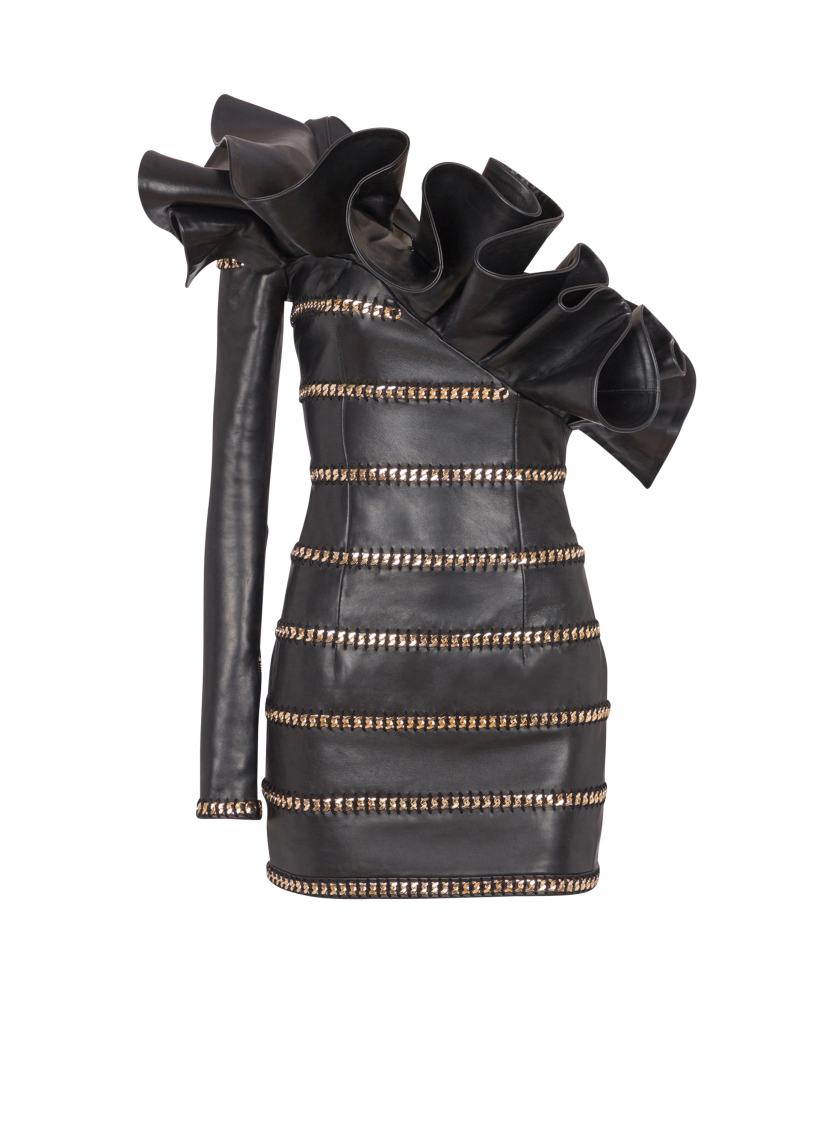 Asymmetric leather bodycon dress with chains