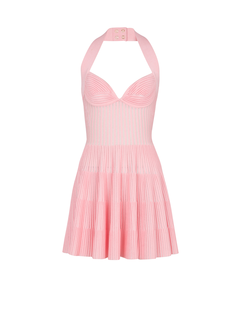 Textured knit halterneck A-line dress