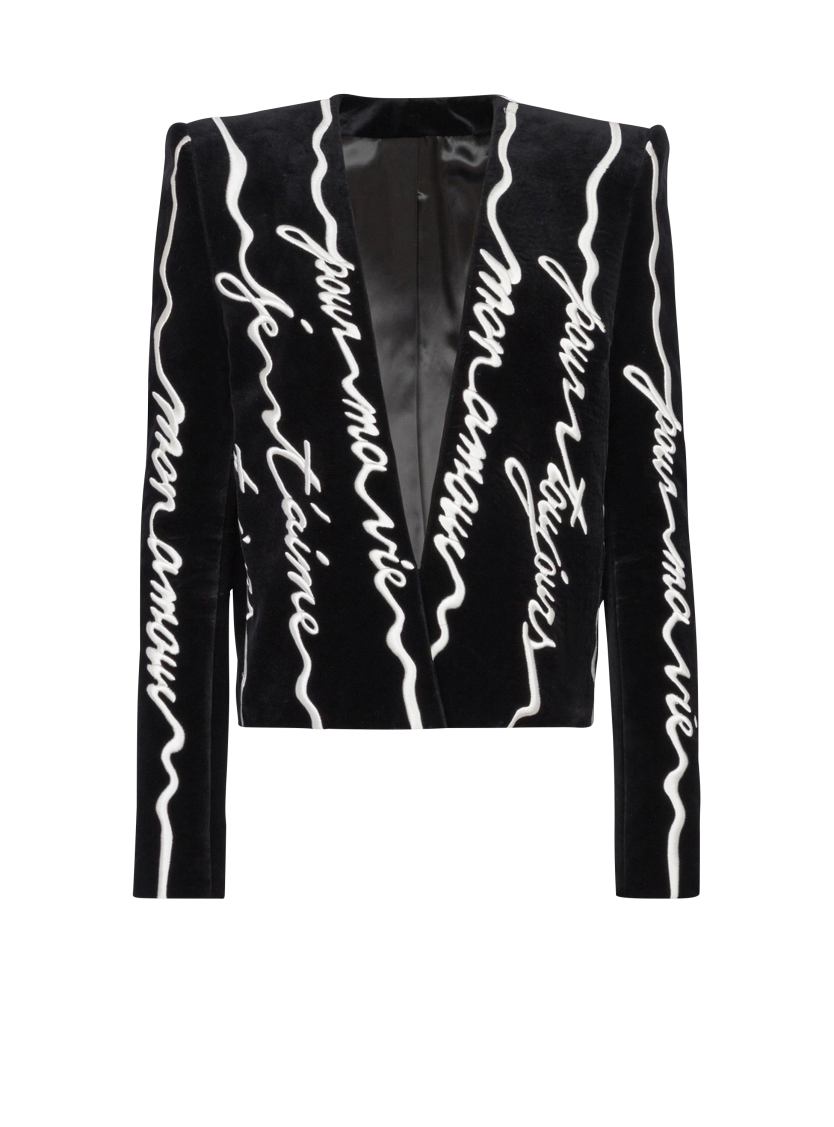 Cropped velvet jacket with all-over "Love Letter" embroidery
