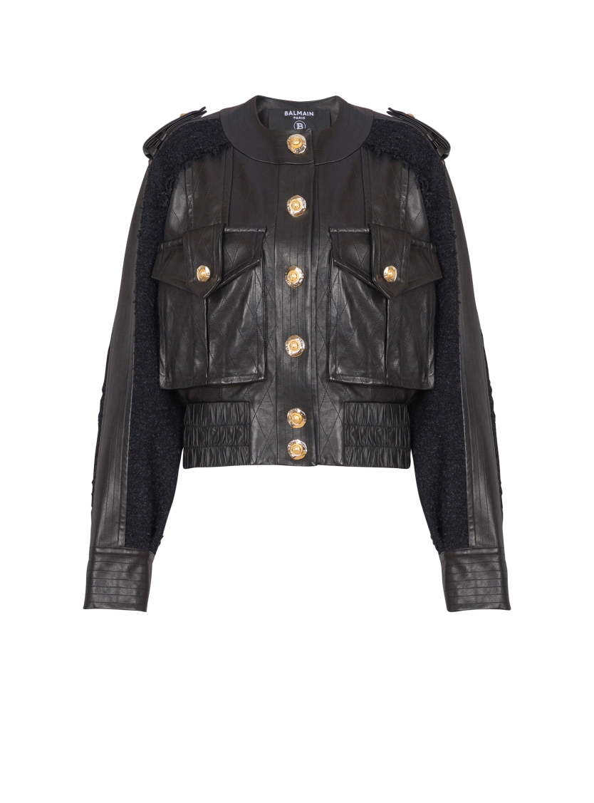 Tweed and leather bomber jacket