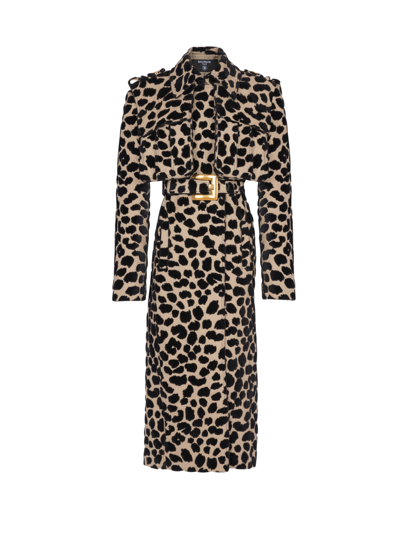 Leopard print jacquard belted trench