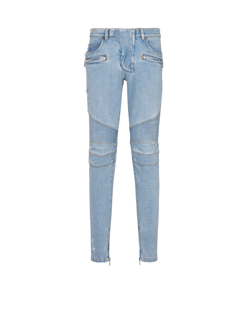 Light blue denim biker jeans