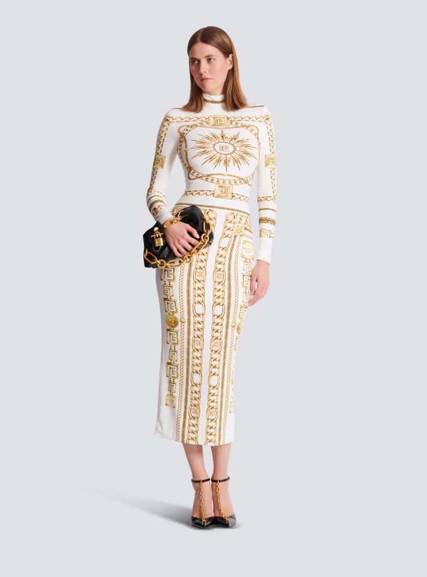 Long printed bodycon dress with Balmain Foulard pattern