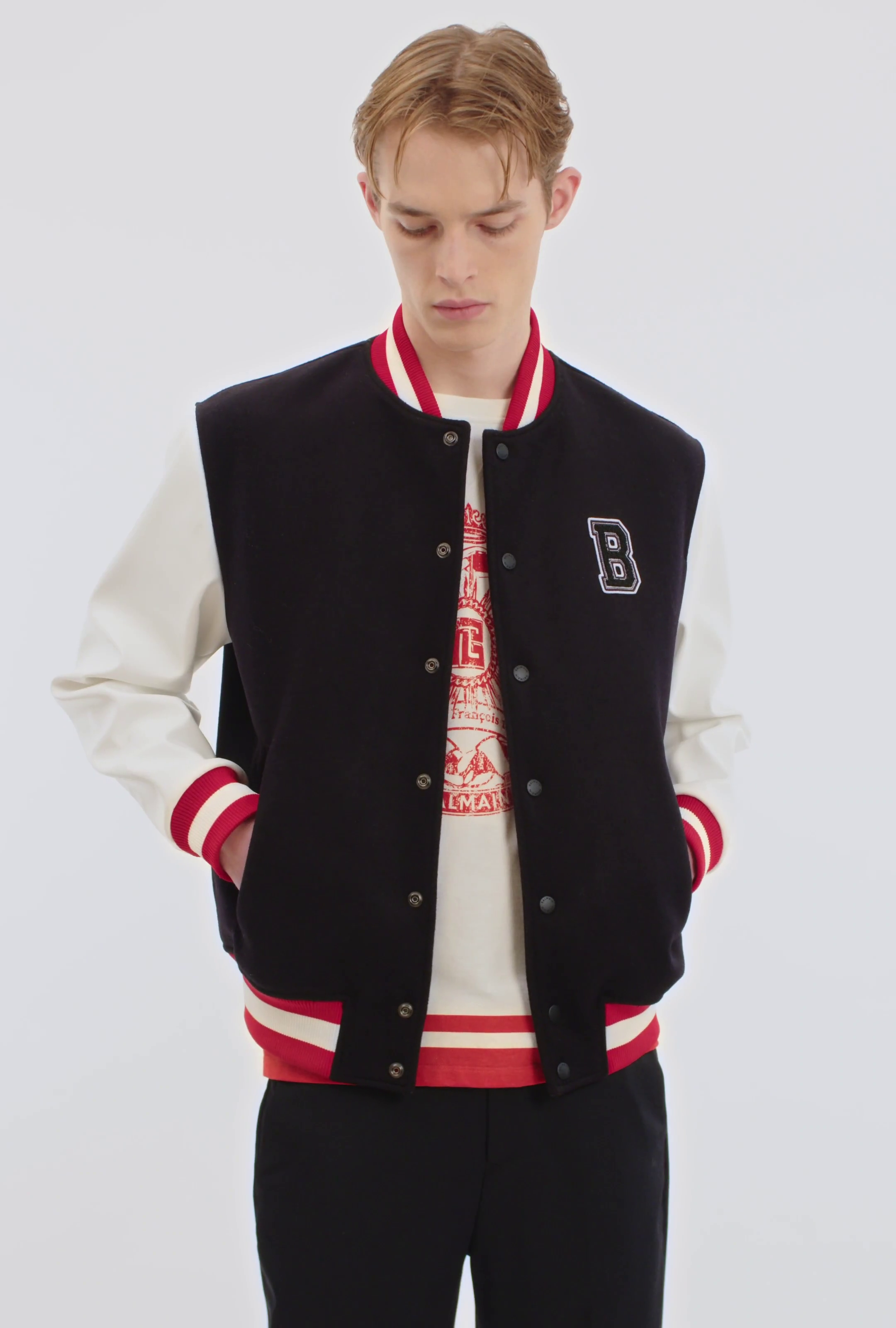 Varsity wool and faux leather jacket