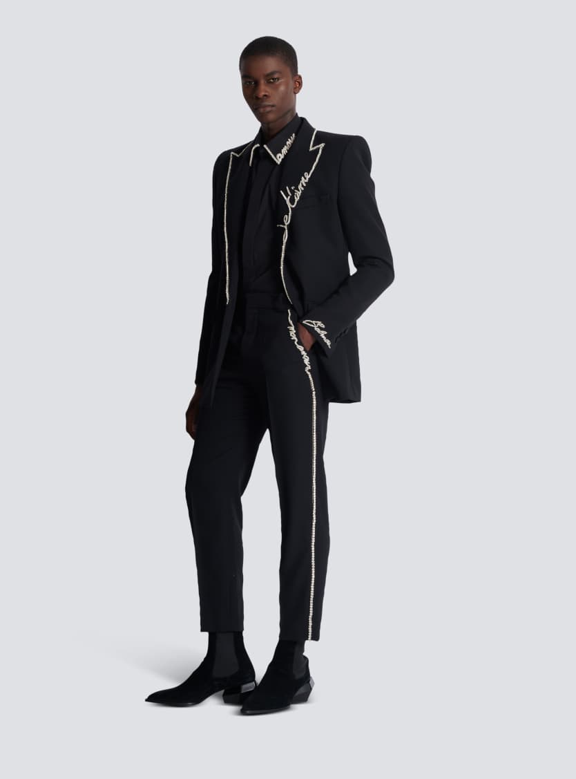 Embroidered tailored grain de poudre trousers