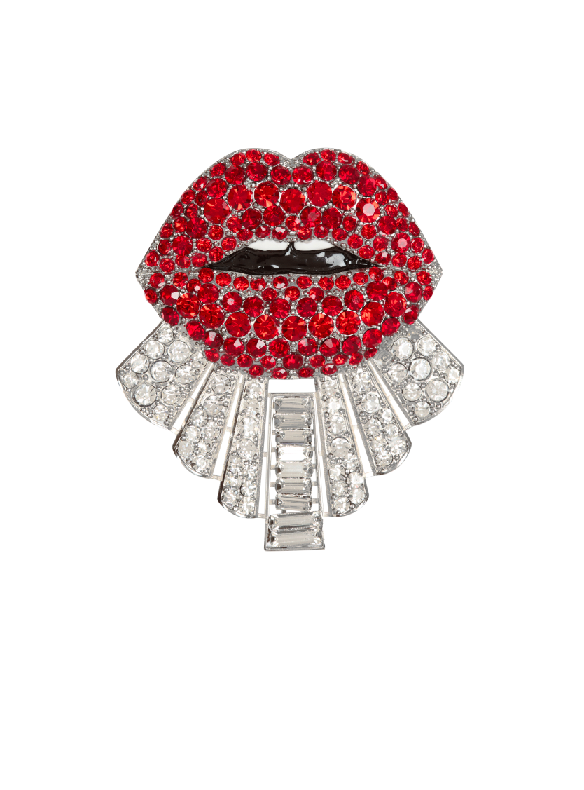 Brass and crystal Kiss brooch