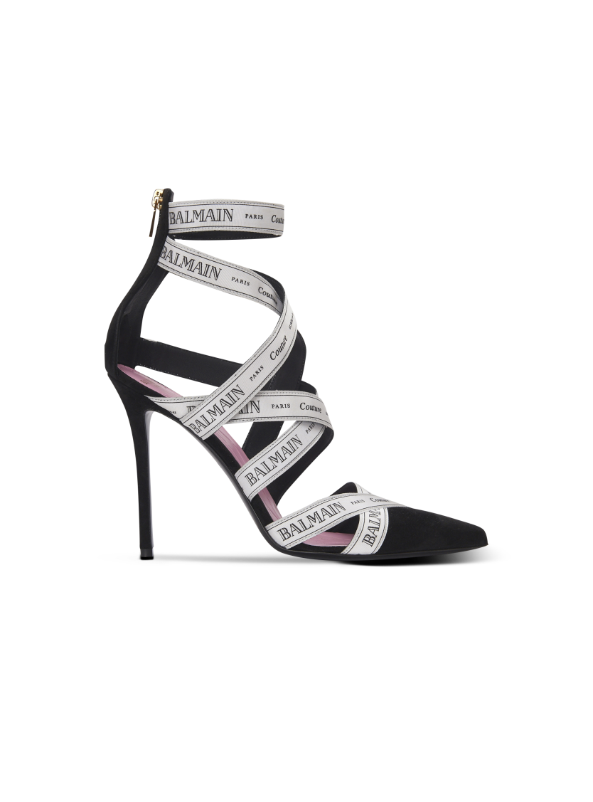 Couture suede heels with Balmain ribbon motif