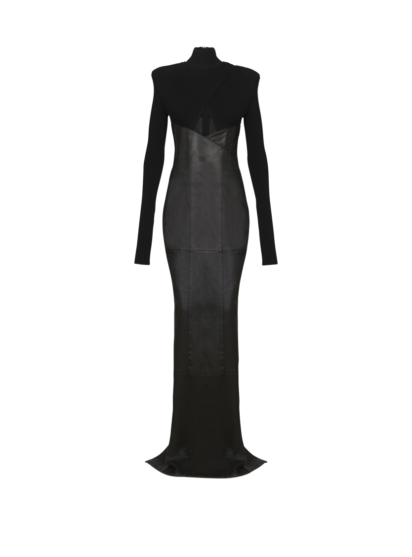 Long knit and lambskin leather dress