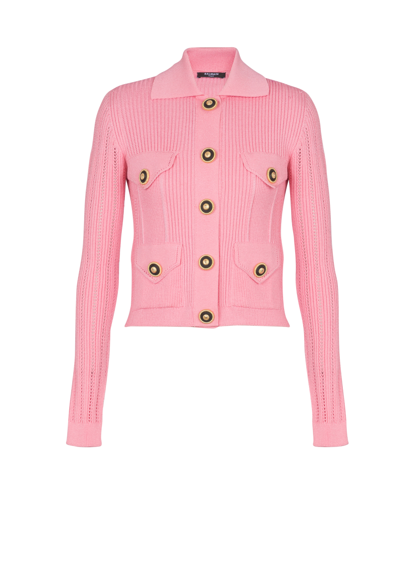 Cropped ribbed knit cardigan with openwork details