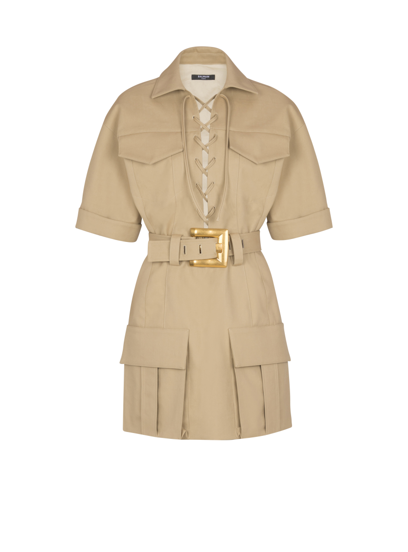 Short cotton gabardine lace-up dress
