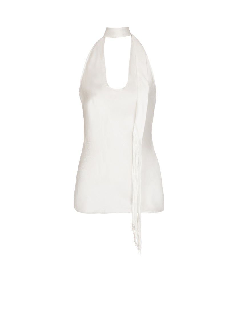 Backless fringed satin top