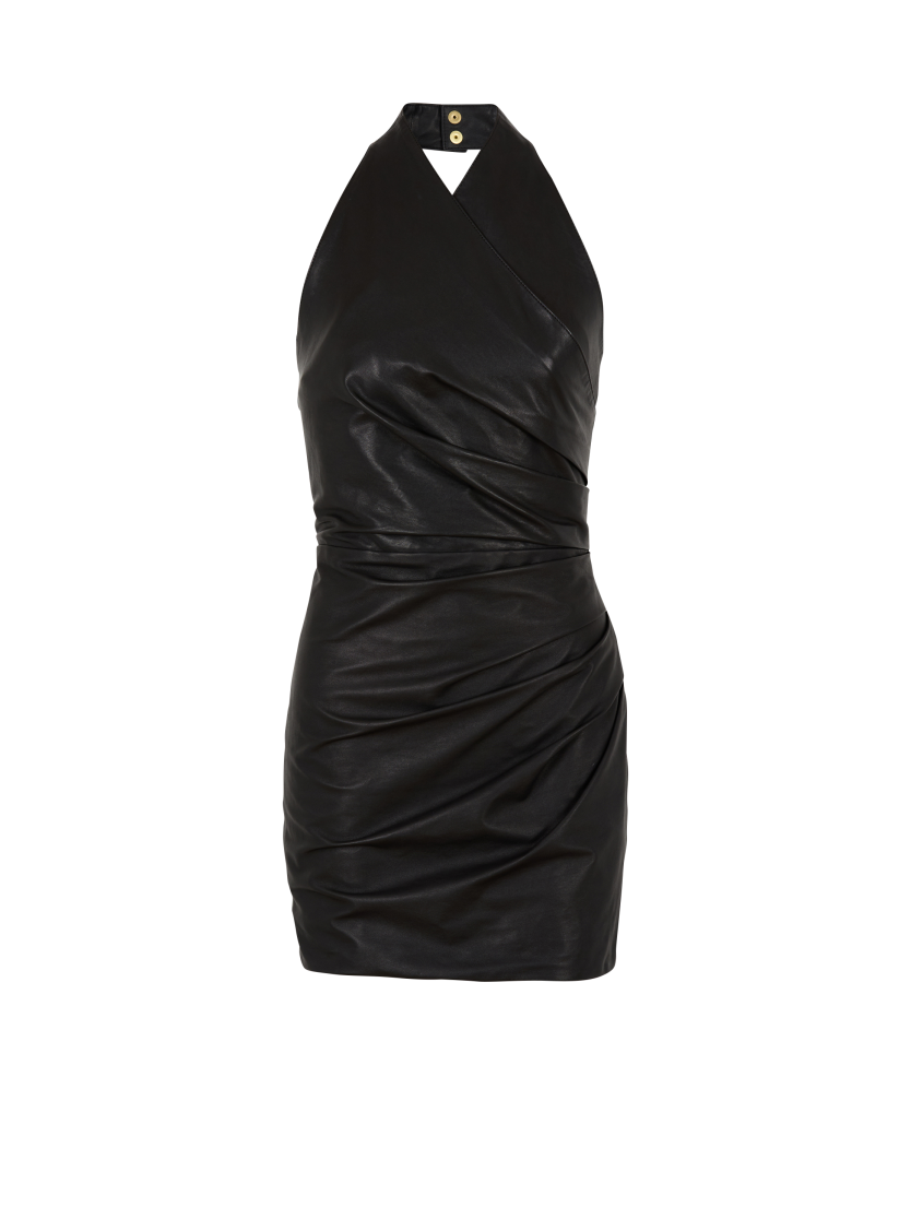 Short draped leather halterneck dress