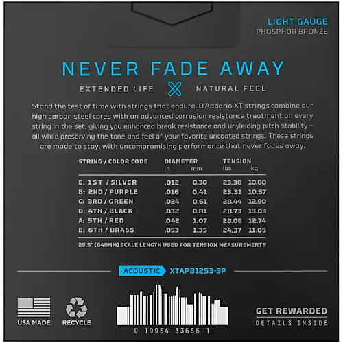 D'Addario XT Phosphor Bronze Acoustic Guitar Strings, Light, 12-53, 3-Pack