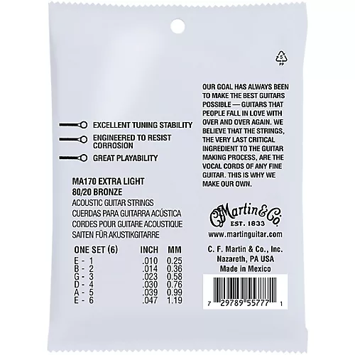 Martin MA170 Authentic Acoustic 80/20 Bronze Extra Light Guitar Strings