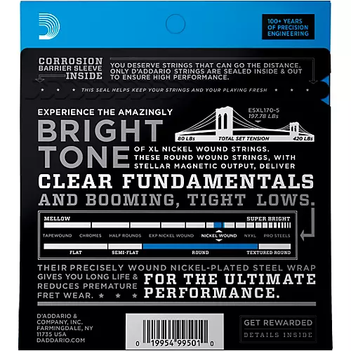 D'Addario ESXL170-5 Nickel Wound Light 5-String Bass Strings - Long Scale .045 - .130