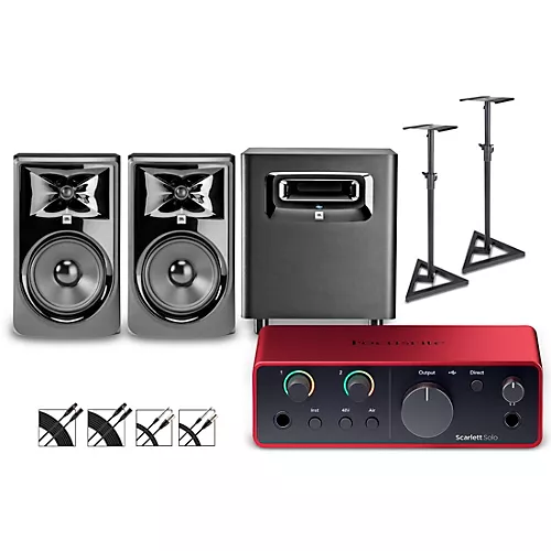 Focusrite Scarlett Solo Gen 4 with JBL 3 Series Studio Monitor Pair & LSR Subwoofer Bundle (Stands & Cables Included) 308MKII