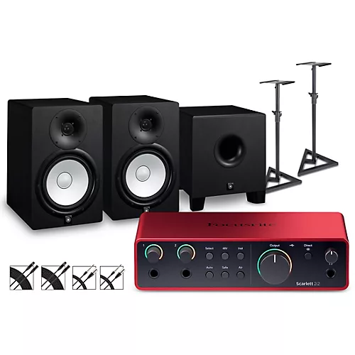Focusrite Scarlett 2i2 Gen 4 With Yamaha HS Studio Monitor Pair & HS8S Subwoofer Bundle (Stands & Cables Included) HS8 SG
