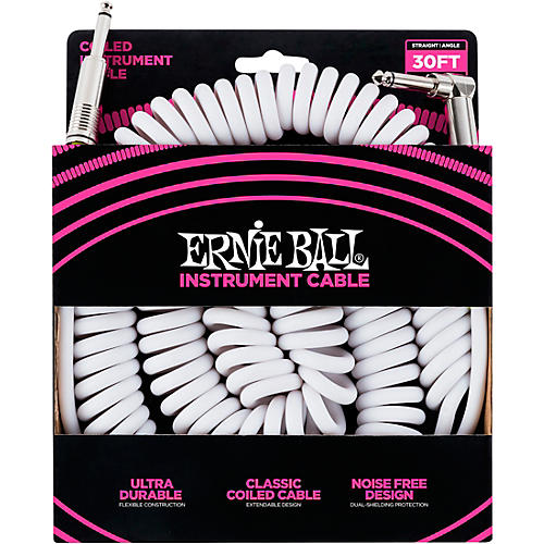 Ernie Ball Coiled Ultraflex Straight-Angle Instrument Cable - White 30 ft.