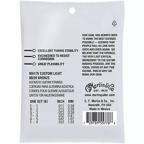 Martin MA175 SP 80/20 Bronze Custom-Light Authentic Acoustic Guitar Strings