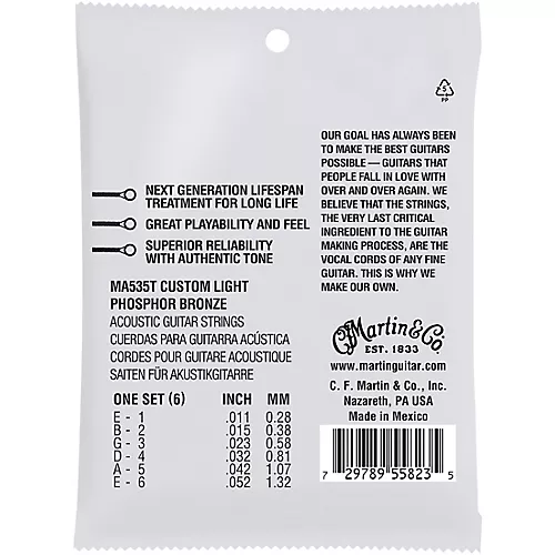 Martin MA535T Lifespan 2.0 Phosphor Bronze Custom-Light Authentic Acoustic Guitar Strings