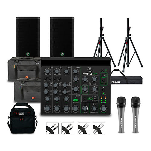 Mackie MobileMix 8-Channel USB-Powerable Mixer With Pair of Thrash212 GO Speakers, Roadrunner Bags, e835 Microphones, Stands, and Cables