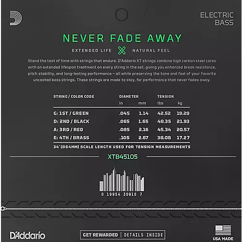 D'Addario XT Nickel Plated Steel Long Scale Electric Bass Strings, Light Top/Medium Bottom, 45-105