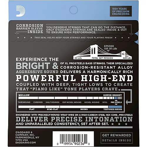 D'Addario EPS300 ProSteel Long Scale Tapered Electric Bass String Set .043 - .107