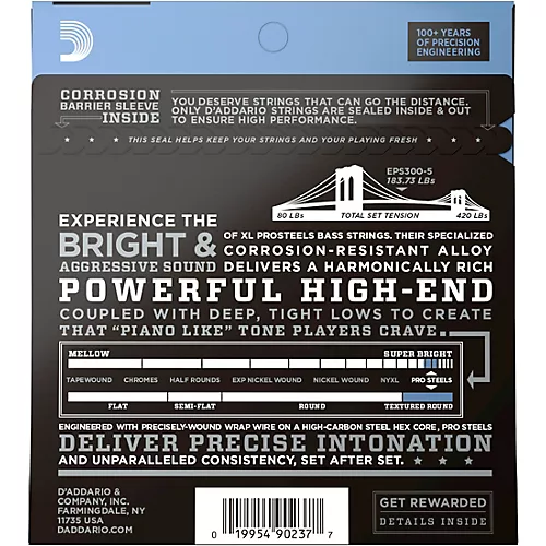 D'Addario EPS300-5 Tapered Steel Bass Guitar Strings .043 - .127