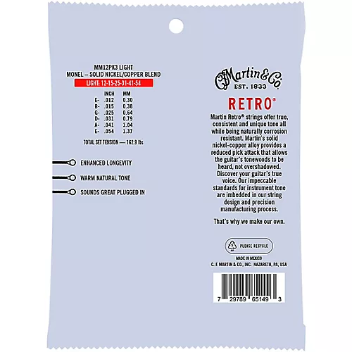Martin Retro Acoustic Strings With Monel Wrap Wire 3-Pack Light (12-54)