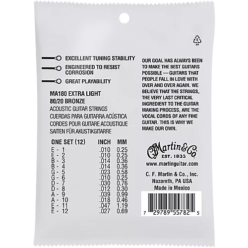 Martin MA180 SP 12-String 80/20 Bronze Extra-Light-Authentic-Acoustic-Guitar-Strings