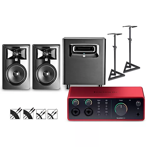 Focusrite Scarlett 4i4 Gen 4 with JBL 3 Series Studio Monitor Pair & LSR Subwoofer Bundle (Stands & Cables Included) 306MKII