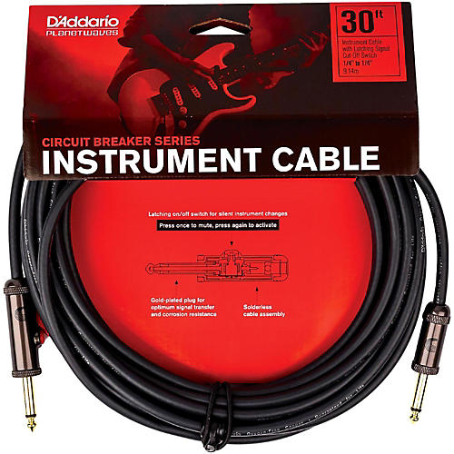D'Addario Circuit Breaker Instrument Cable With Latching Cut-Off Switch, Straight Plug 30 ft. Black