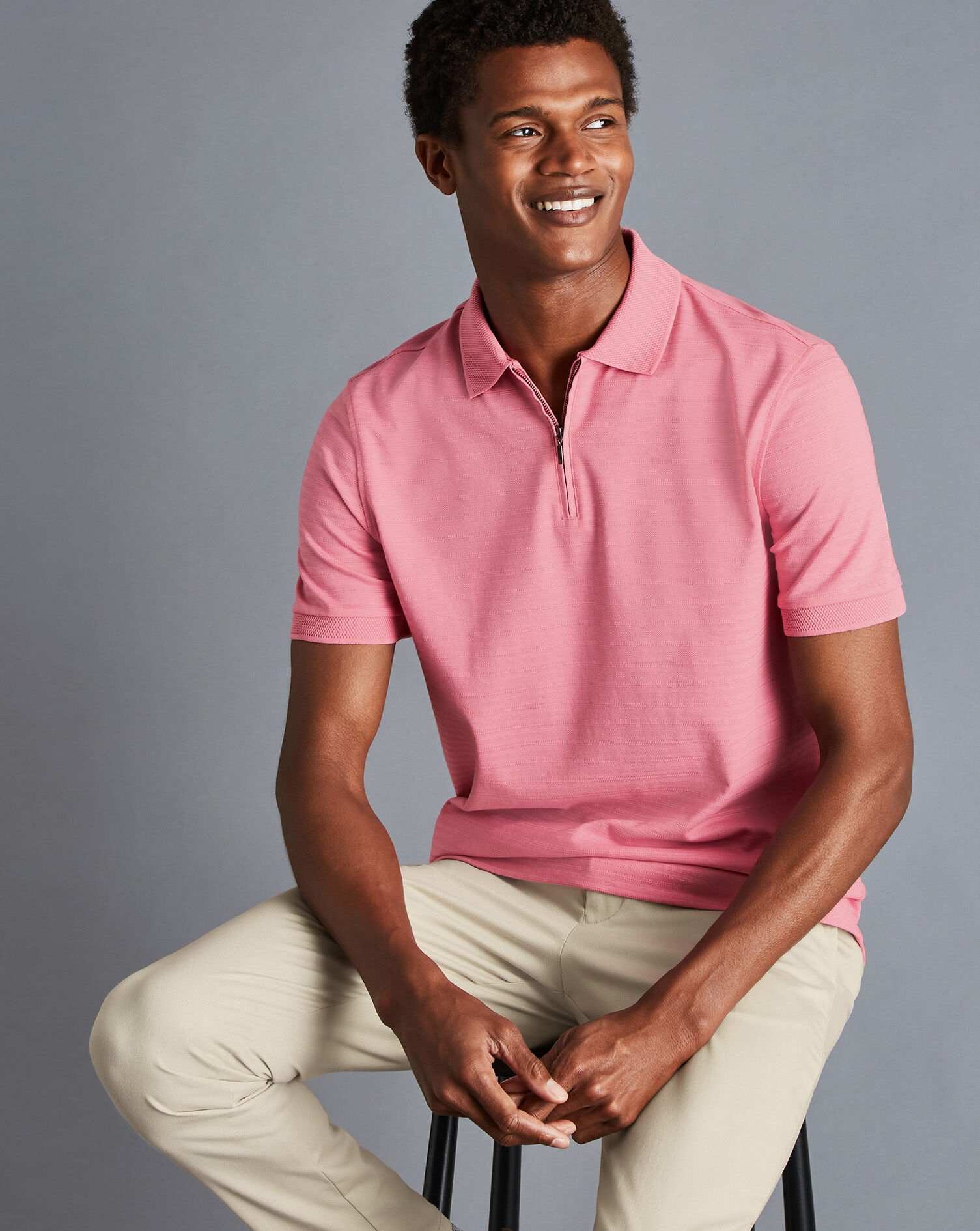 Charles Tyrwhitt Tyrwhitt Cool Zip-Neck Stripe Polo - Light Pink