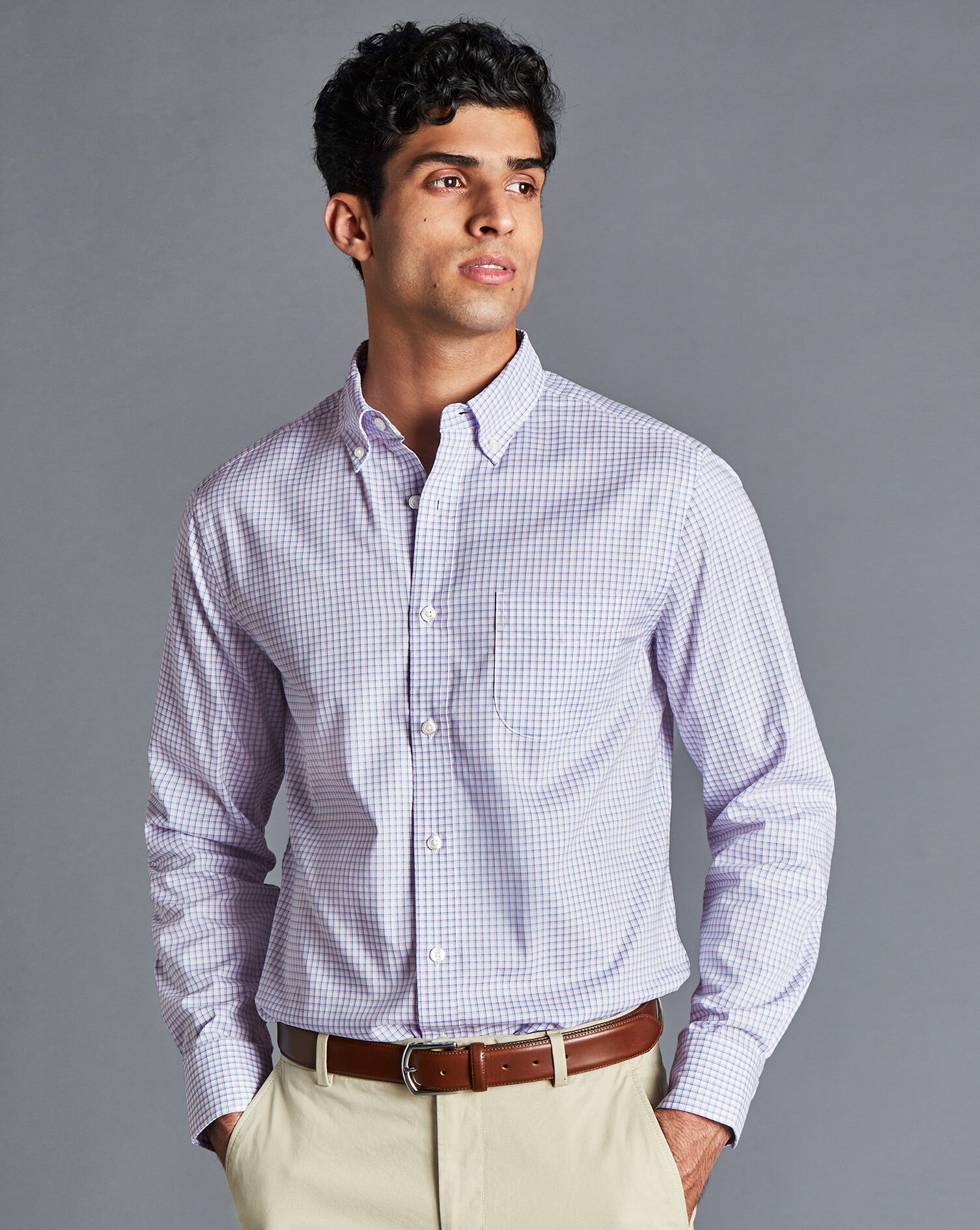 Charles Tyrwhitt Button-Down Collar Non-Iron Cotton Stretch Oxford Shadow Check Shirt - Mauve Purple