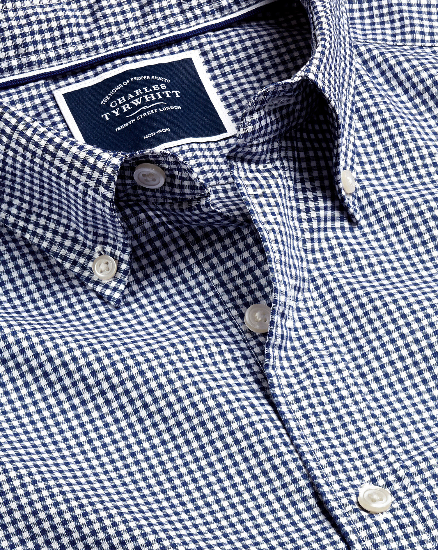 Charles Tyrwhitt Button-Down Collar Non-Iron Stretch Poplin Mini Gingham Shirt - French Blue