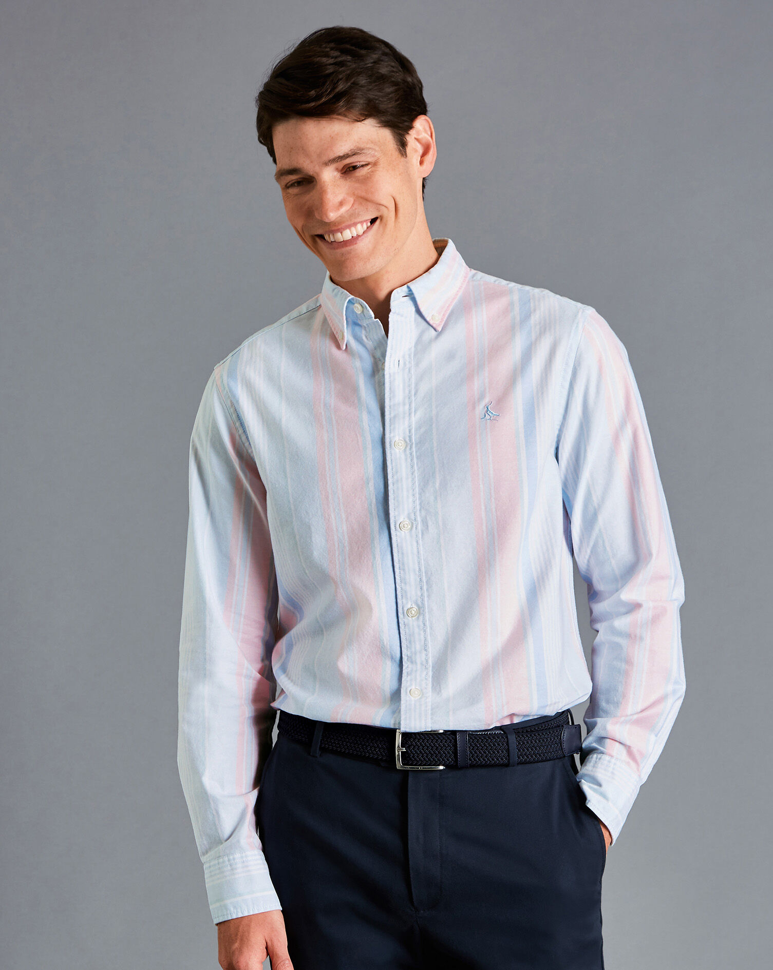 Charles Tyrwhitt Button-Down Collar Stretch Washed Oxford Wide Stripe Shirt - Light Pink