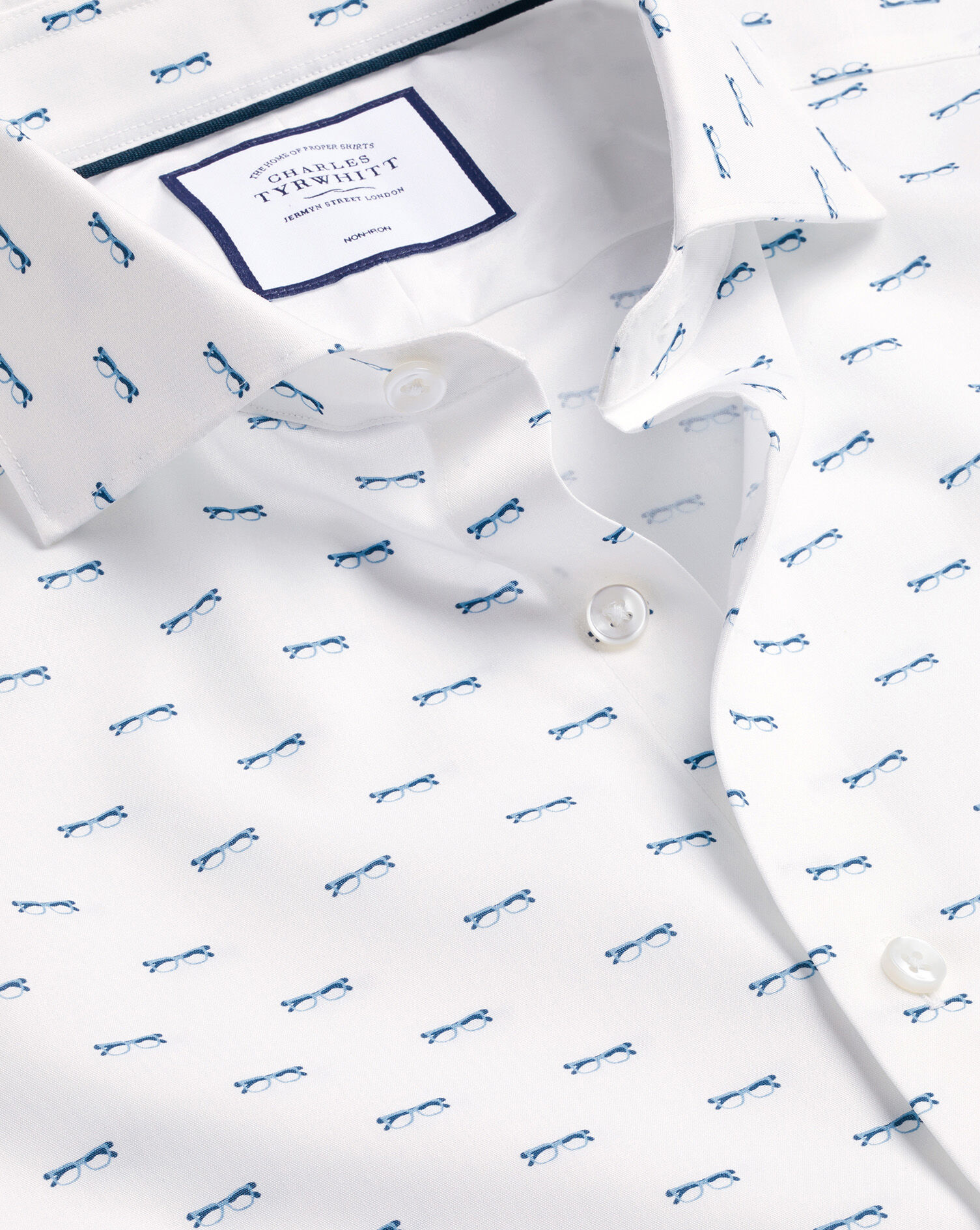 Charles Tyrwhitt Semi-Spread Collar Non-Iron Glasses Print Shirt - Cornflower Blue