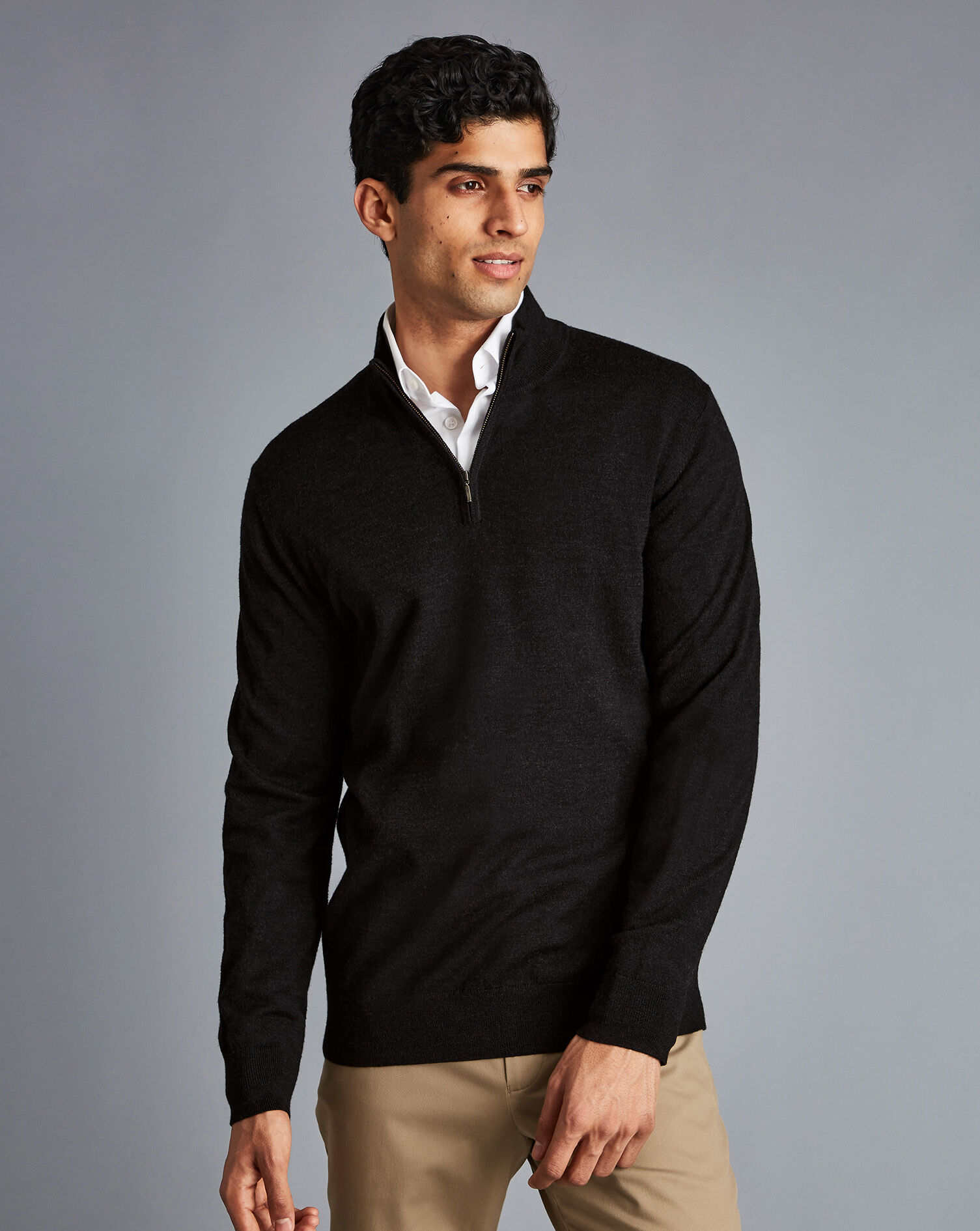 Charles Tyrwhitt Merino Zip Neck Sweater - Charcoal Grey