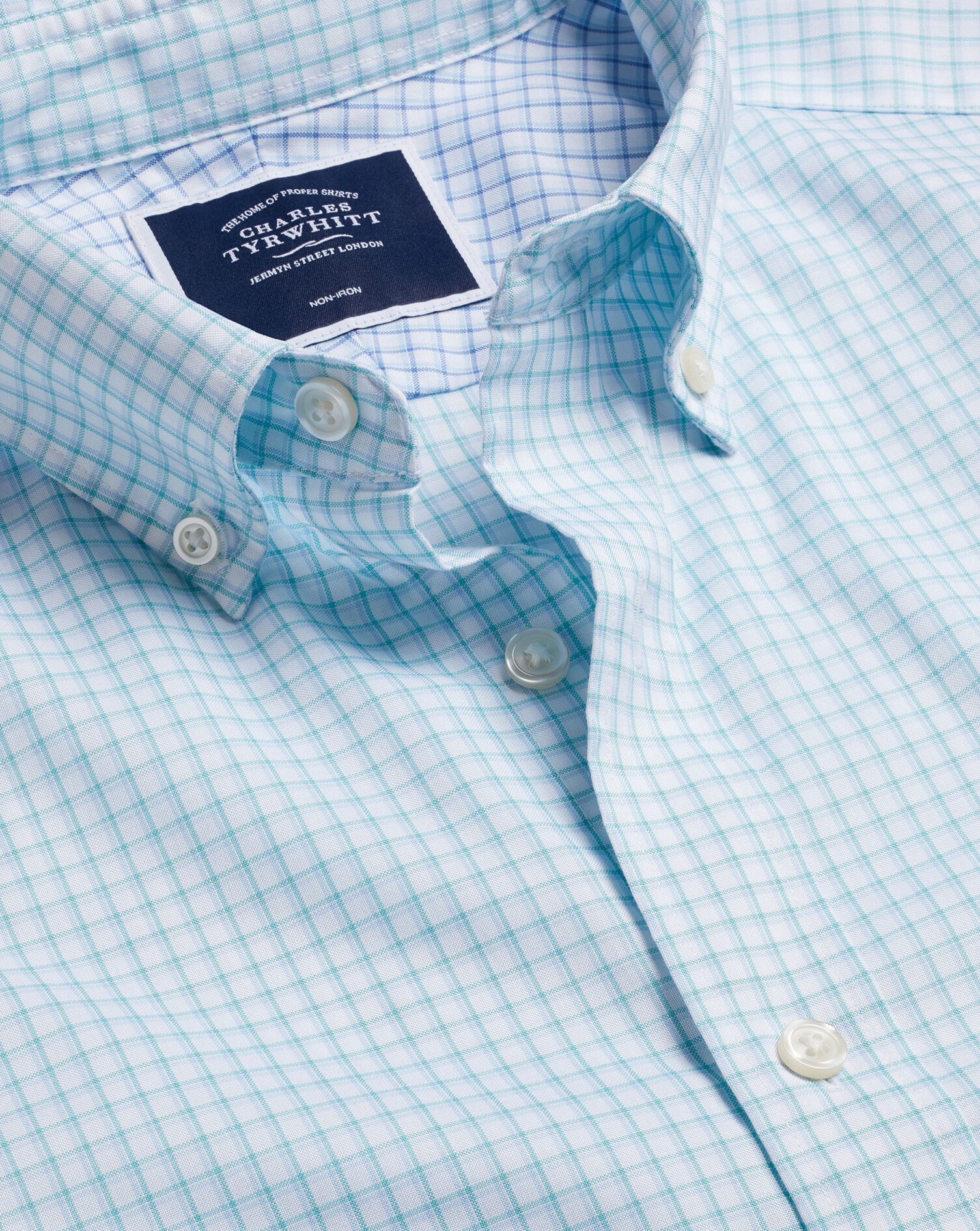 Charles Tyrwhitt Button-Down Collar Non-Iron Cotton Stretch Oxford Shadow Check Shirt - Teal Green