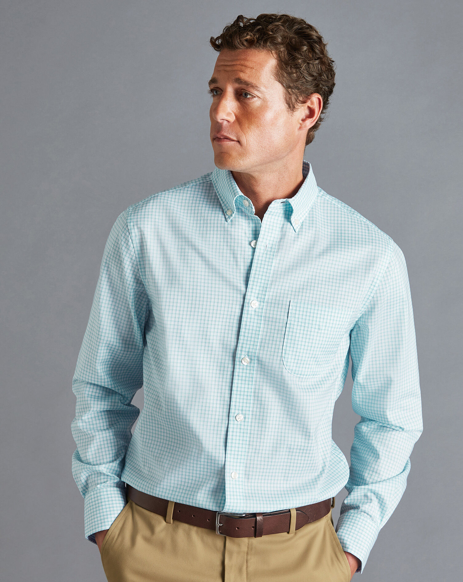 Charles Tyrwhitt Button-Down Collar Non-Iron Cotton Stretch Oxford Shadow Check Shirt - Teal Green