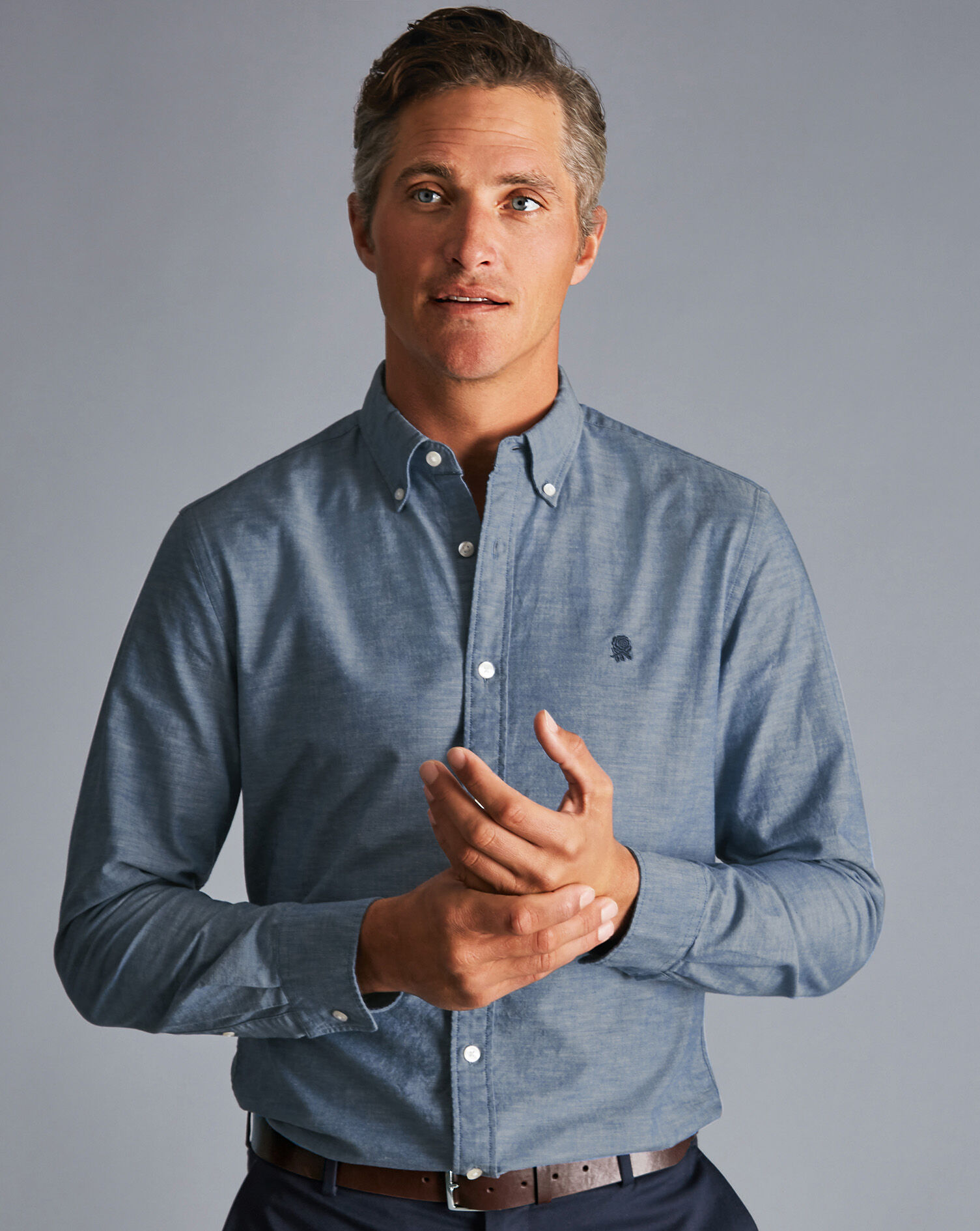 Charles Tyrwhitt England Rugby Button-Down Collar Chambray Shirt - Mid Blue