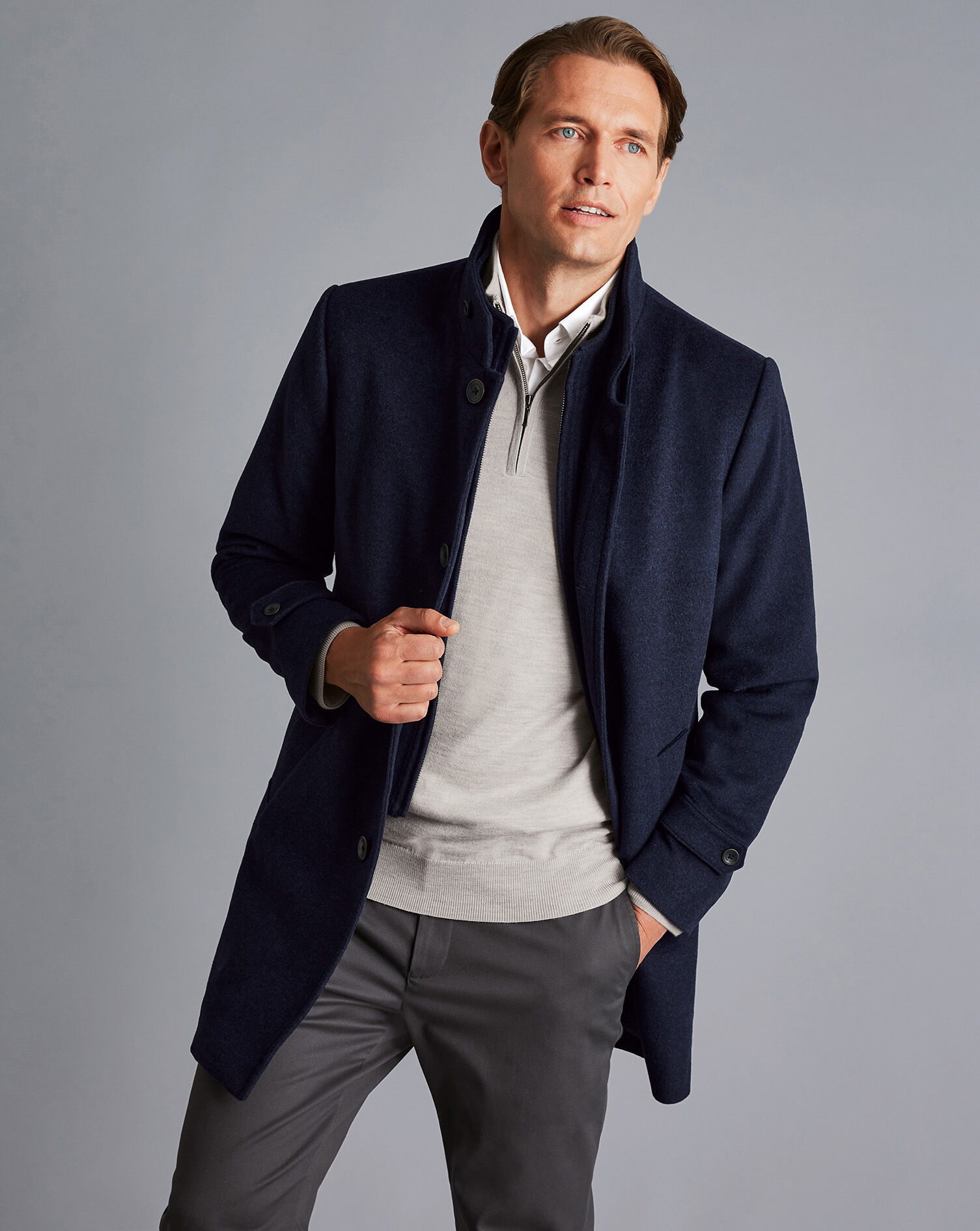 Charles Tyrwhitt Funnel Neck Wool Overcoat - Ink Blue