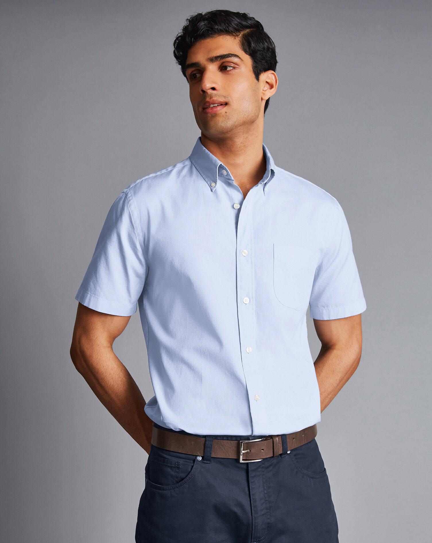 Charles Tyrwhitt Button-Down Collar Washed Oxford Short Sleeve Shirt - Sky Blue
