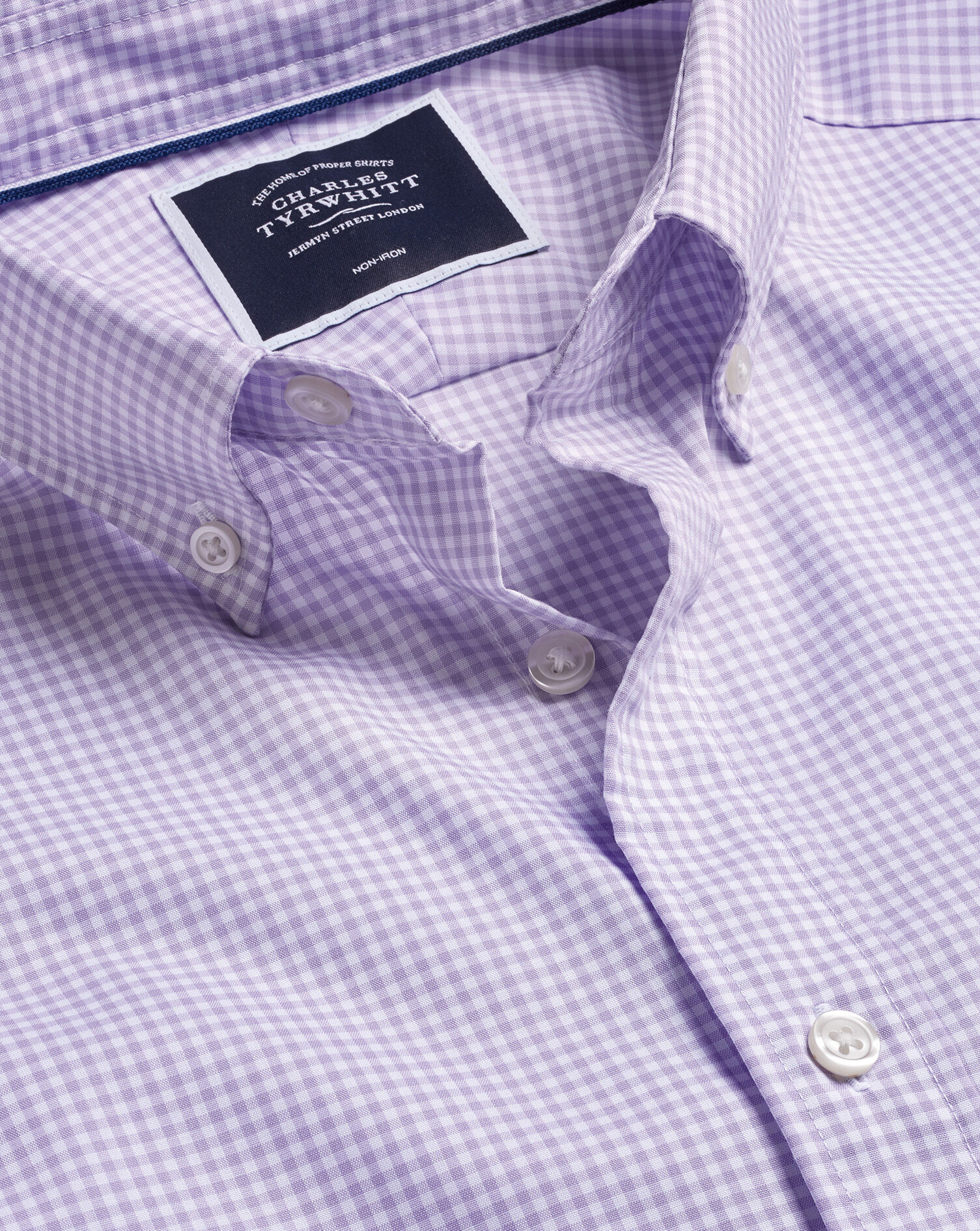 Charles Tyrwhitt Button-Down Collar Non-Iron Stretch Mini Gingham Check Shirt - Lilac Purple