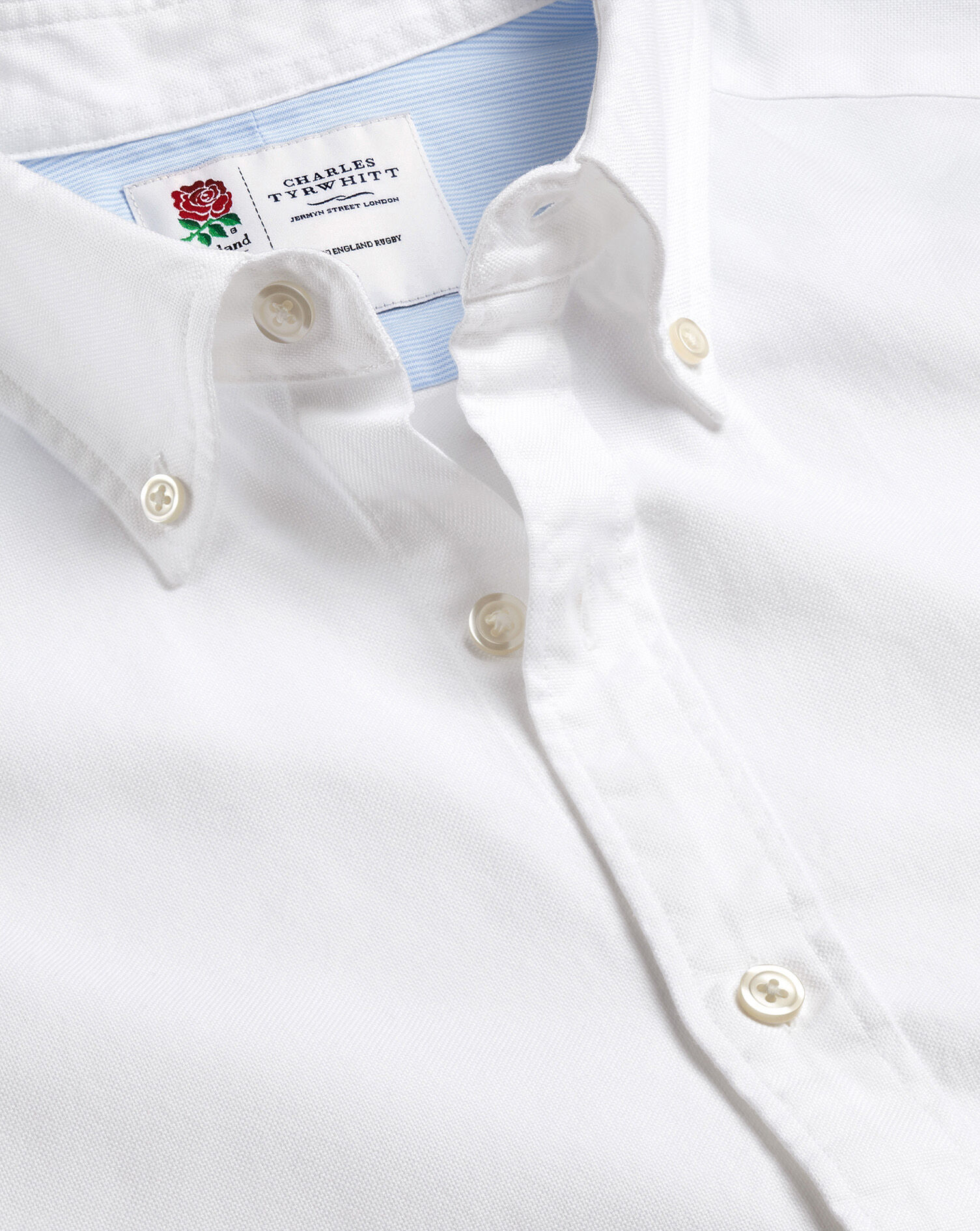 Charles Tyrwhitt England Rugby Button-Down Collar Washed Oxford Shirt with Red Rose - White