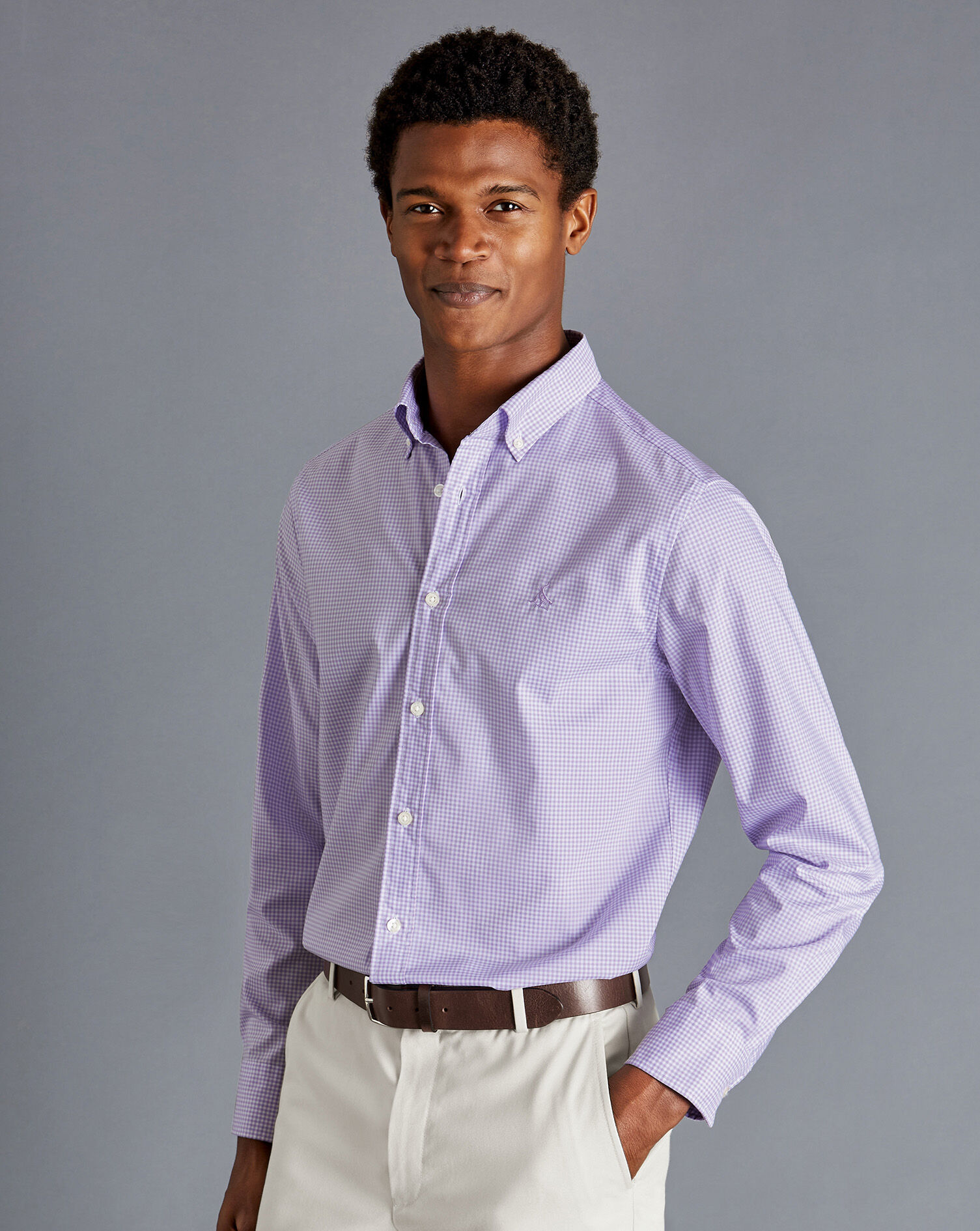 Charles Tyrwhitt Button-Down Collar Non-Iron Stretch Mini Gingham Check Shirt - Lilac Purple